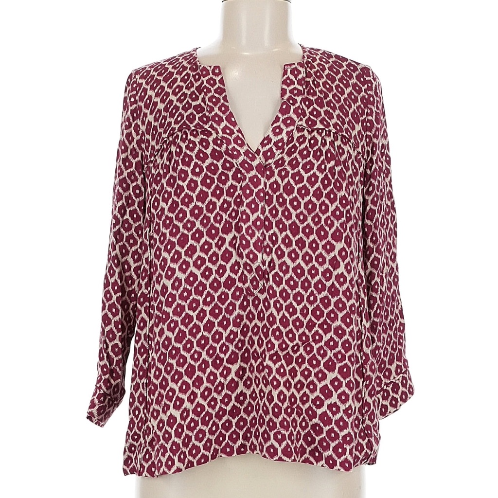 Printed V-Neck Long Sleeve Blouse In Berry Pink